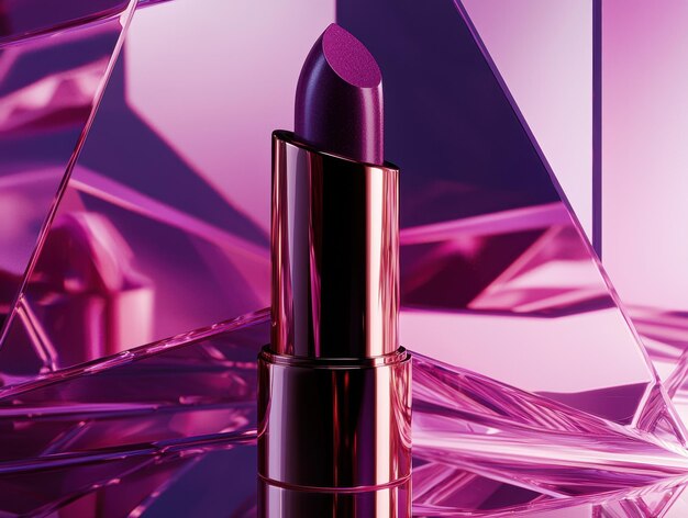 Purple Lipstick with Metallic Finish on Iridescent Crystal Background