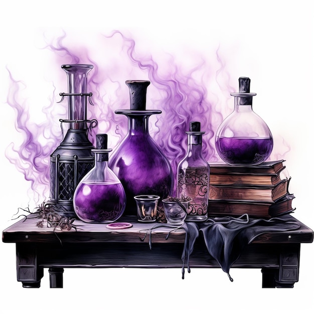 Purple liquid in a glass bottle on a table with books generative ai