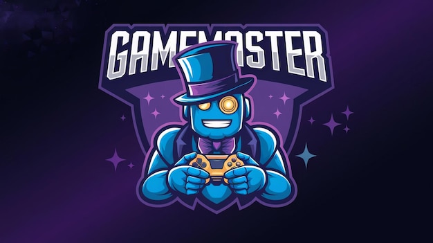 Photo a purple logo for game is shown with a blue robot holding a yellow bag