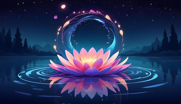 a purple lotus flower is reflected in a lake with mountains in the background