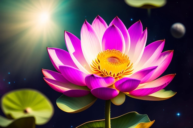 A purple lotus flower with the sun shining on it.