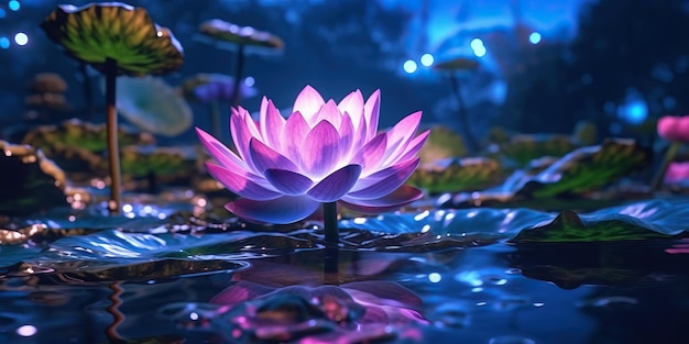 purple lotus rose blooms at night with moonlight shine in the water in the swamp fantasy