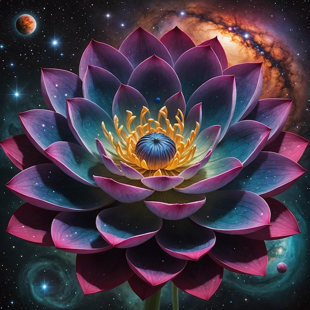 a purple lotus with a yellow center and the word star on it