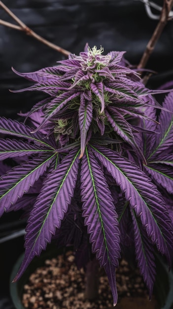 Purple marijuana leaves or cannabis plant with green veins on a dark background