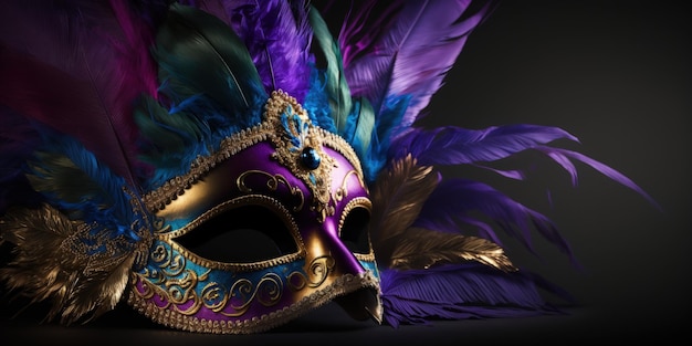 A purple mask with feathers on a black background generative AI