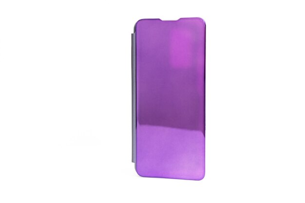 purple mirror case-book for smartphone on a white background. the best protection of your gadget from damage. the case will cover your phone from all sides.