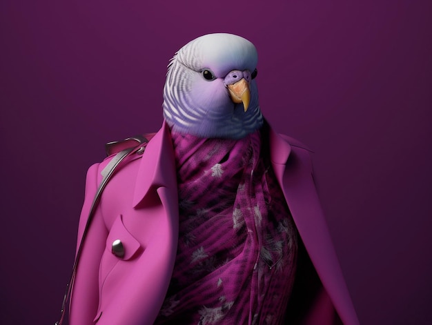 Purple model budgie in magenta scarf and costume Generative AI