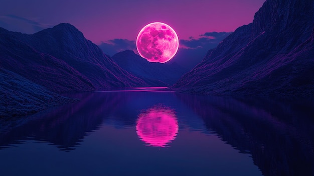 Photo a purple moon is reflected in the water with a pink moon in the background