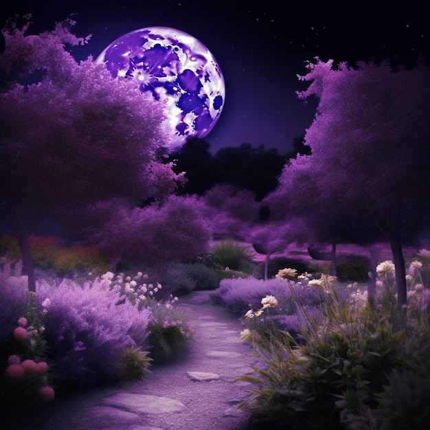 A purple moon is shining over a path with trees and flowers.