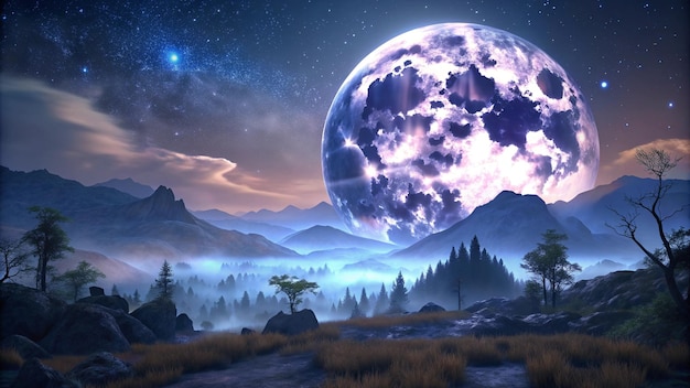 Photo a purple moon is above the trees and mountains