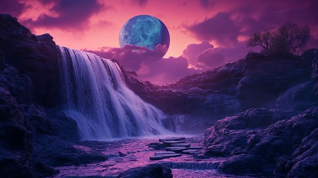 a purple moon is above a waterfall and the purple sky is purple and pink