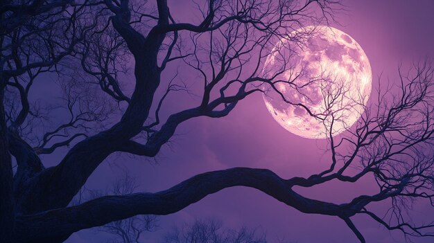 Photo a purple moon with a purple sky and a tree branch