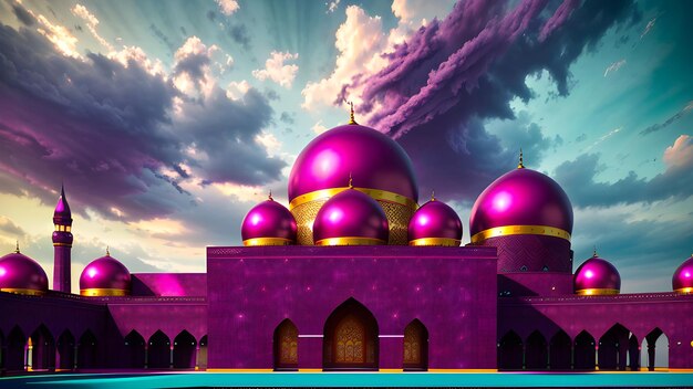 A purple mosque with a cloudy sky in the background