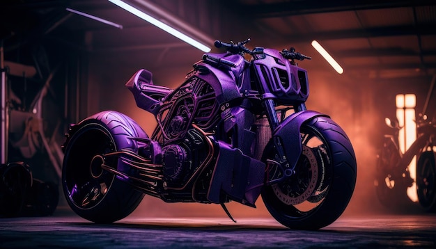 A purple motorcycle with the word ghost on the back