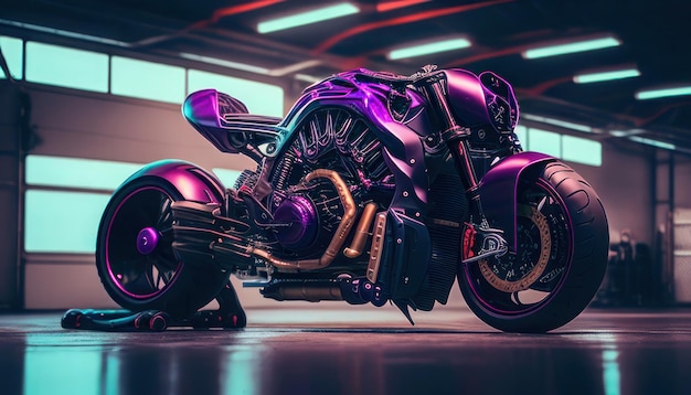 A purple motorcycle with the word harley on the side