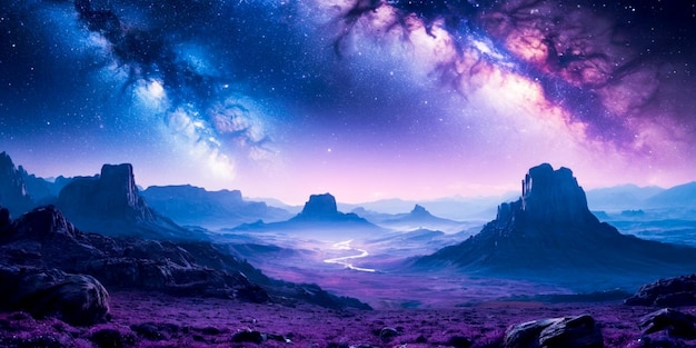 purple mountains space background long banner