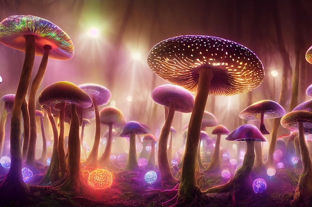 A purple mushroom field with colorful lights and a purple mushroom field