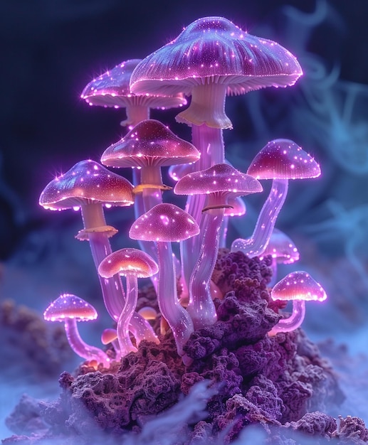 Photo a purple mushroom with purple and orange mushrooms on it