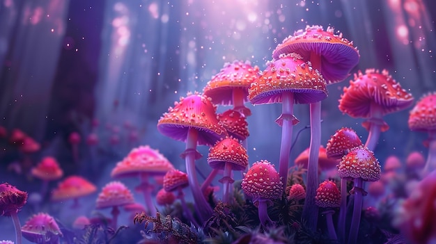 purple mushrooms in the forest with purple and pink flowers