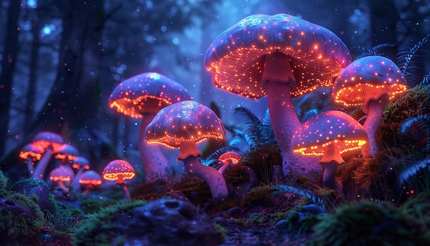 purple mushrooms with purple and orange lights in the background