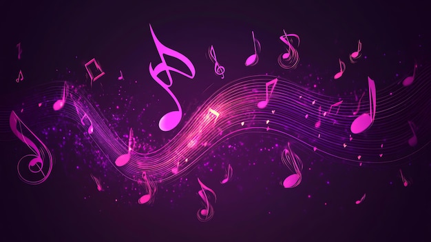 Photo purple music notes and streaks of light on a dark background