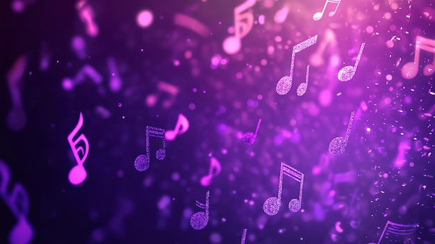 Purple musical notes and sparkles on a purple background