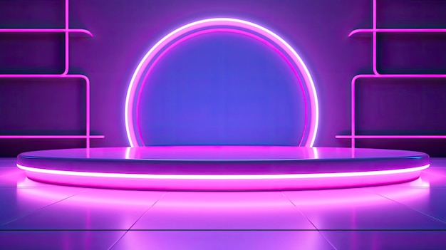 Purple neon lamps on empty scene futuristic digital podium