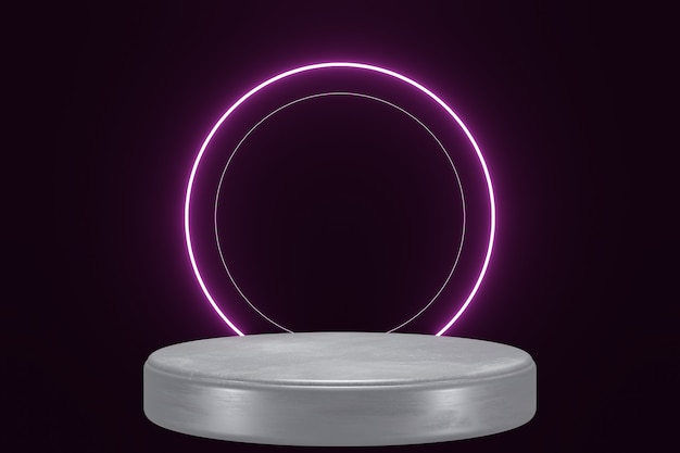 Purple neon light product background stage or podium pedestal on black isolated background 3d