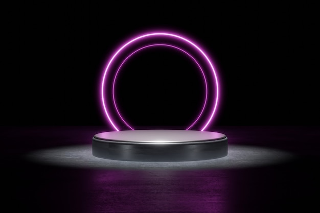 Purple neon light product background stage or podium pedestal on grunge street floor with glow spot