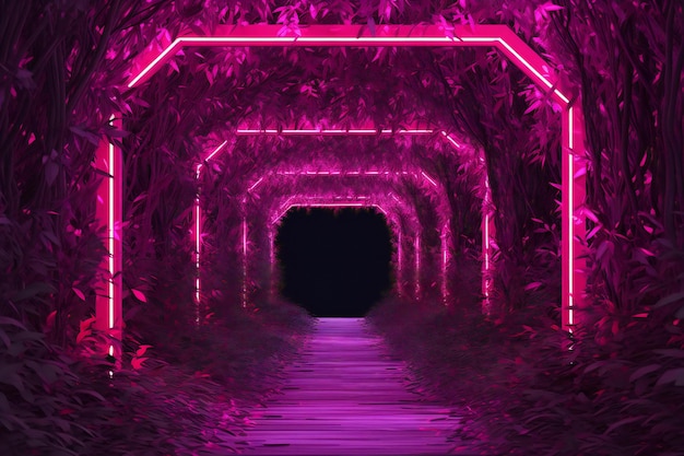 Purple neon tunnel in the forest with glowing lights