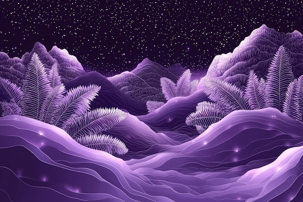 Purple Night Landscape with Glowing Mountains and Stars