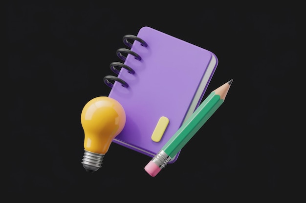 A purple notebook with a pencil and lightbulb symbolizing ideas and creativity