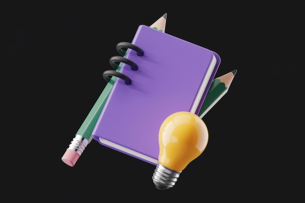 A purple notebook with two pencils and a light bulb symbolizing ideas and learning