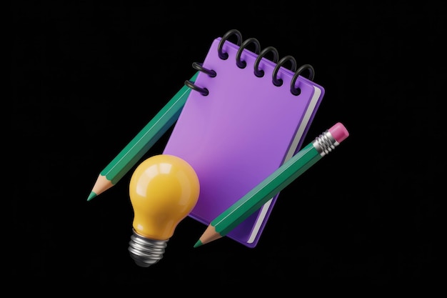 A purple notepad with two pencils and a light bulb representing ideas and creativity