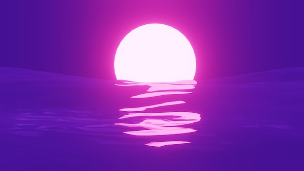 Purple ocean with setting sun 3d abstract illustration Pink glow of stellar disk into render sea