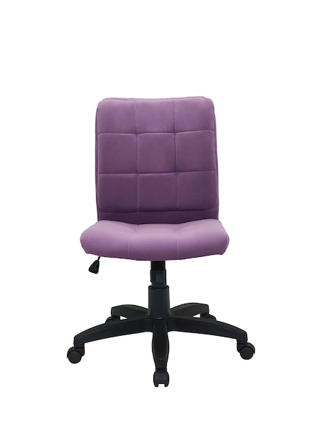 purple office fabric armchair on wheels isolated on white background front view modern furniture