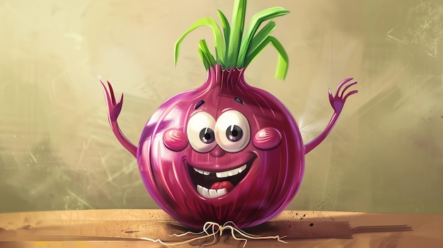 a purple onion with a face and eyes and a smile on it