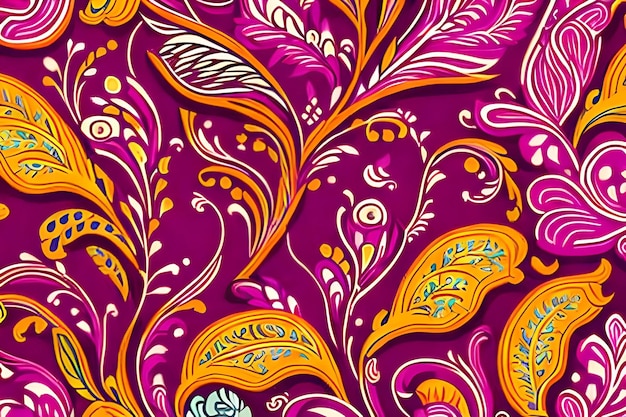 A purple and orange background with a pattern of flowers and leaves.