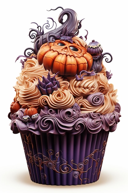 purple and orange cupcake with a pumpkin and spider on top generative ai