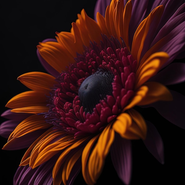 purple and orange flower with a black background