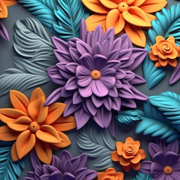 Purple and orange paper flowers are arranged on a gray surface generative ai