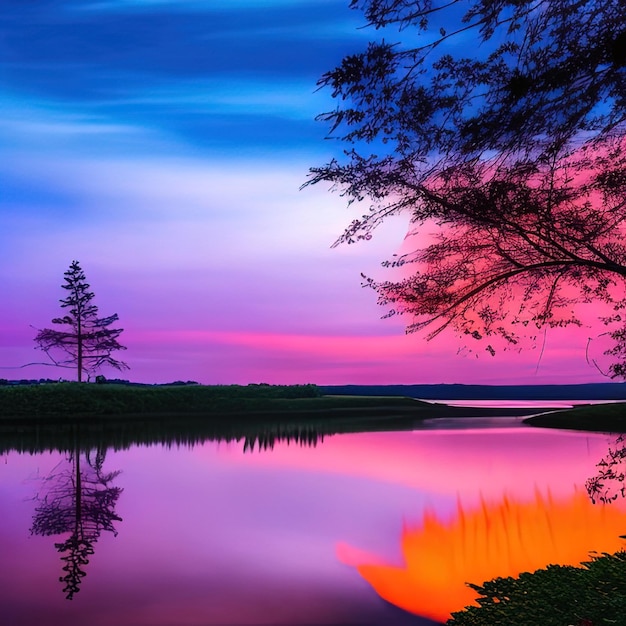 purple and orange sunset over a lake with trees and a bench