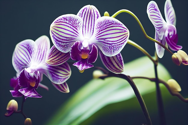 Purple orchid flowers on branch with leaves on blurred background