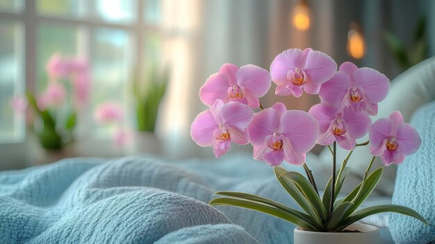 Photo purple orchid on a side table by the bed a touch of natures beauty