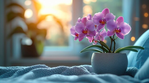 Photo purple orchid on a side table by the bed a touch of natures beauty