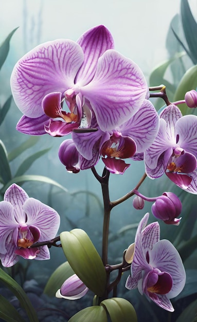 a purple orchid with a green stem and purple flowers