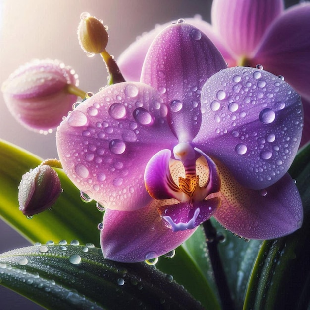 a purple orchid with water drops on it and the sun shining on it