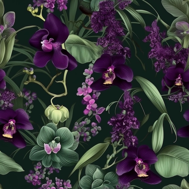 Purple orchids on a dark green background