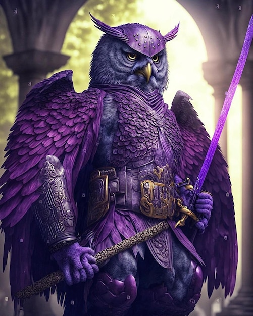 A purple owl with a sword in his hand.