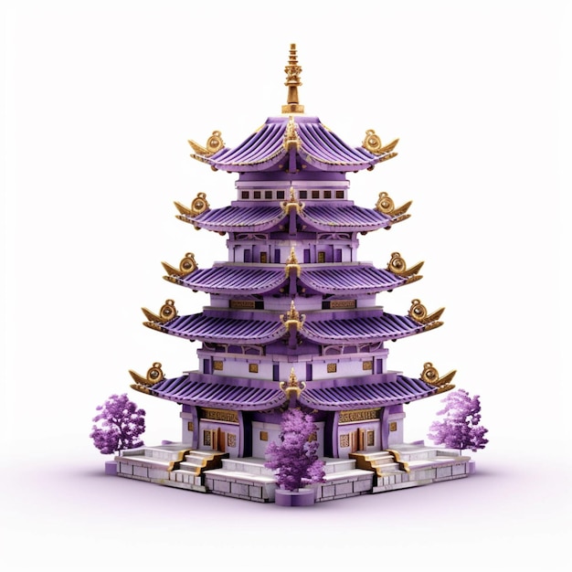 A purple pagoda with purple tiles and purple roof.